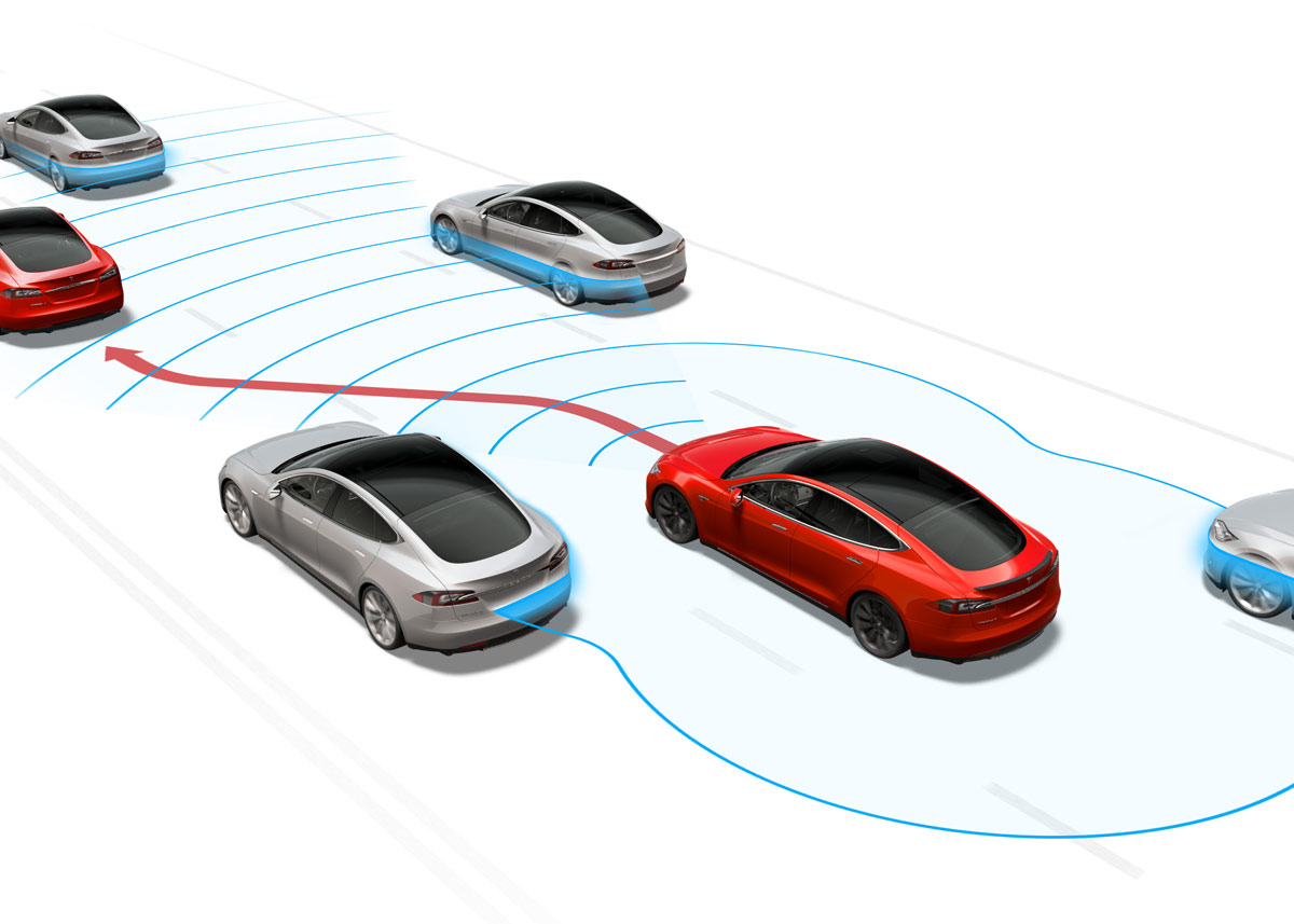 Teslaer er i stand til at skifte vognbane, men først når føreren har aktiveret afviserblinket. Bilen kan f.eks. ikke gøre det i en nødsituation. Illustration: Tesla