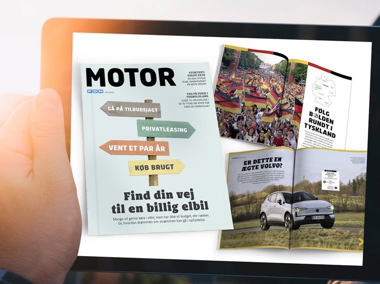 Forside Motor 4/2024 og to opslag fra magasinet i en iPad