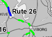 Nogle af de grønne strækninger på rute 26 får nu 90 km/t som forsøg. Den blå strækning havde det i forvejen.