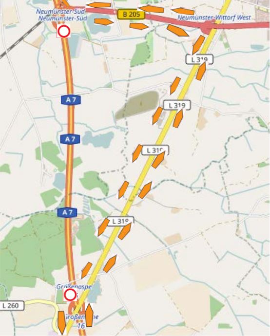 Et stykke af Autobahn A7 mellem Hamborg og Flensborg vil være spærret fra lørdag aften til søndag morgen. Bilister vil i stedet skulle følge en skiltet omkørsel. Grafik: Henstedt-Ulzburg