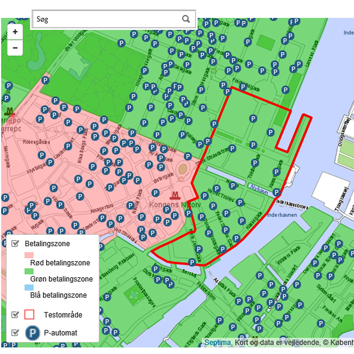 Den digitale parkering er indtil videre indført i zonen inden for den røde streg. Det er områderne nord og syd for Nyhavn.