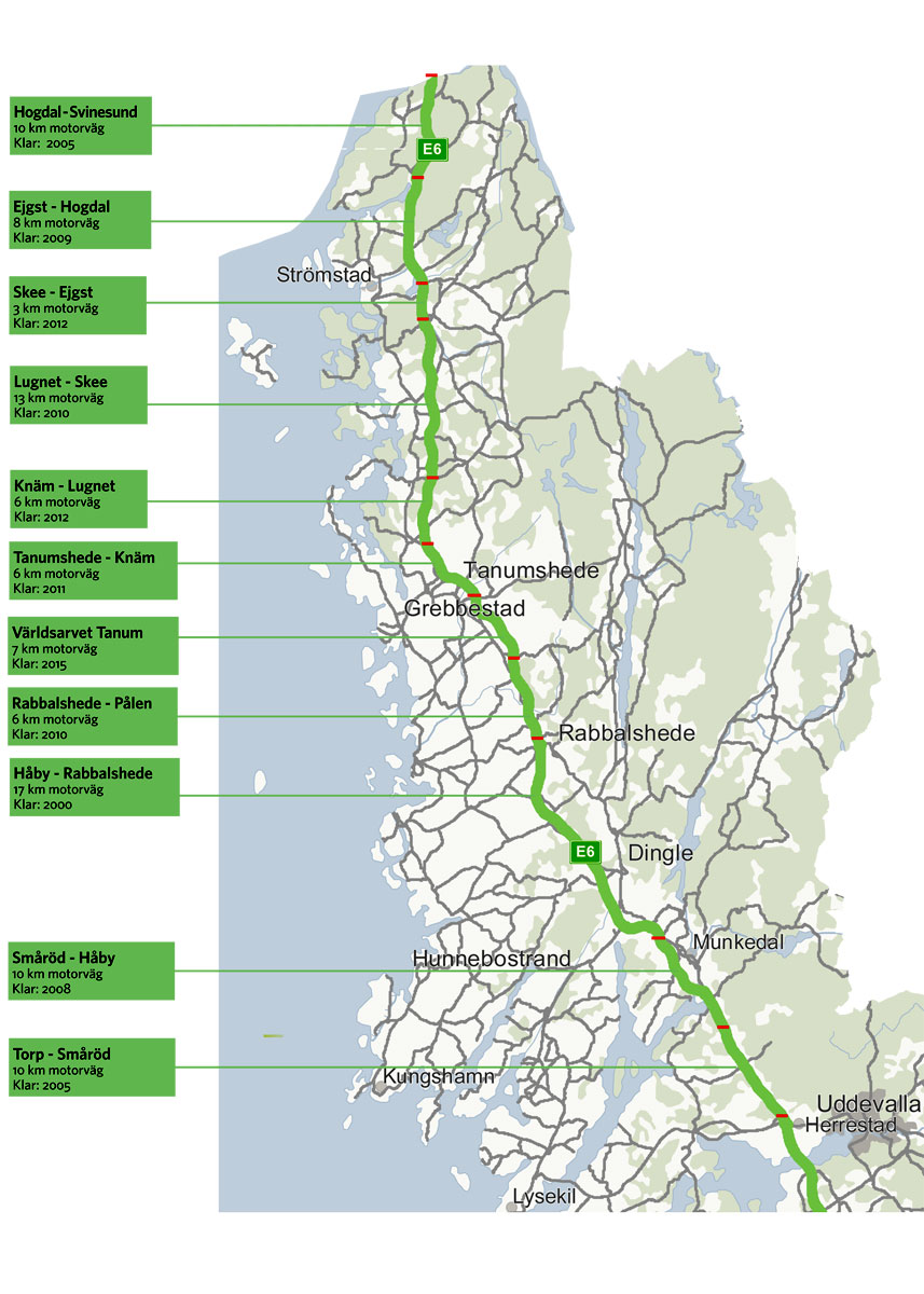 Motorvejen mellem Uddevalla og den norske grænse er anlagt i mange småstykker. Sidste etape er ved Tanumshede lidt over midten. Kort: Trafikverket