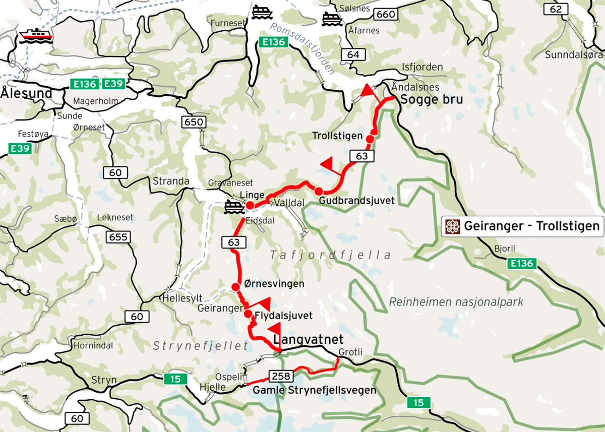 Hele turistvejen er 104 km lang. Trollstigen indgår længst mod nord. 