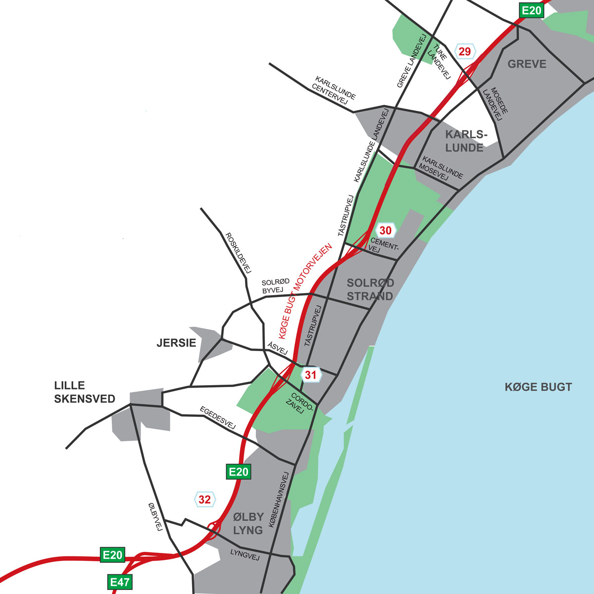 Der er nu otte spor hele vejen til/fra motorvejskryds Køge Vest. Kort: Vejdirektoratet