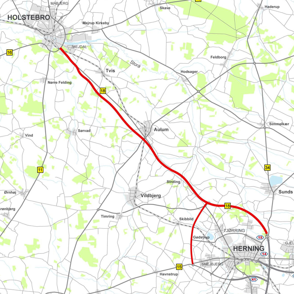 Vejdirektoratets hovedforslag med en motorvej fra Herning nord til Holstebro syd samt en landevej vest om Herning og fordi det nye regionssygehus. Desuden peger Vejdirektoratet på, at ringvejen i Holstebro skal udvides.
