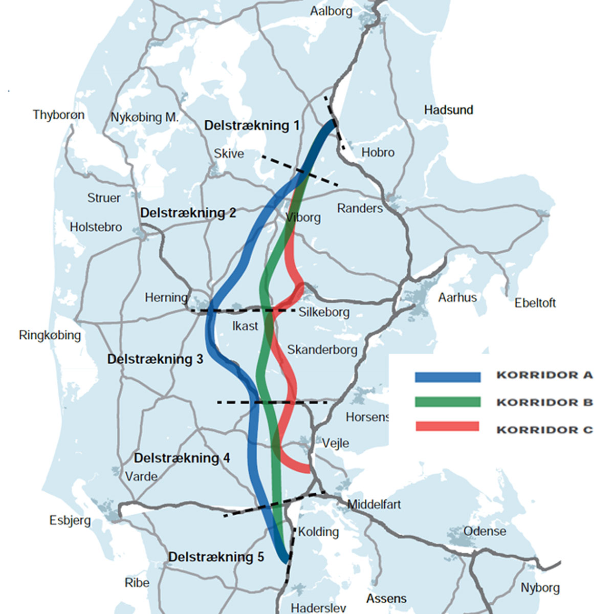 De tre screenings-forslag til en nord-syd-gående, midtjysk motorvej. Regeringen går nu primært efter korridor A, den mest vestlige linjeføring. Det indebærer bl.a., at der kan komme motorvej til Billund Lufthavn.