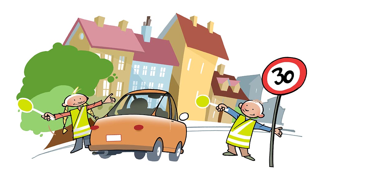 Hold farten nede og vær beredt på, at uforudsete ting kan ske i trafikken ved skolen. Illustrationer: Peter Heydenreich