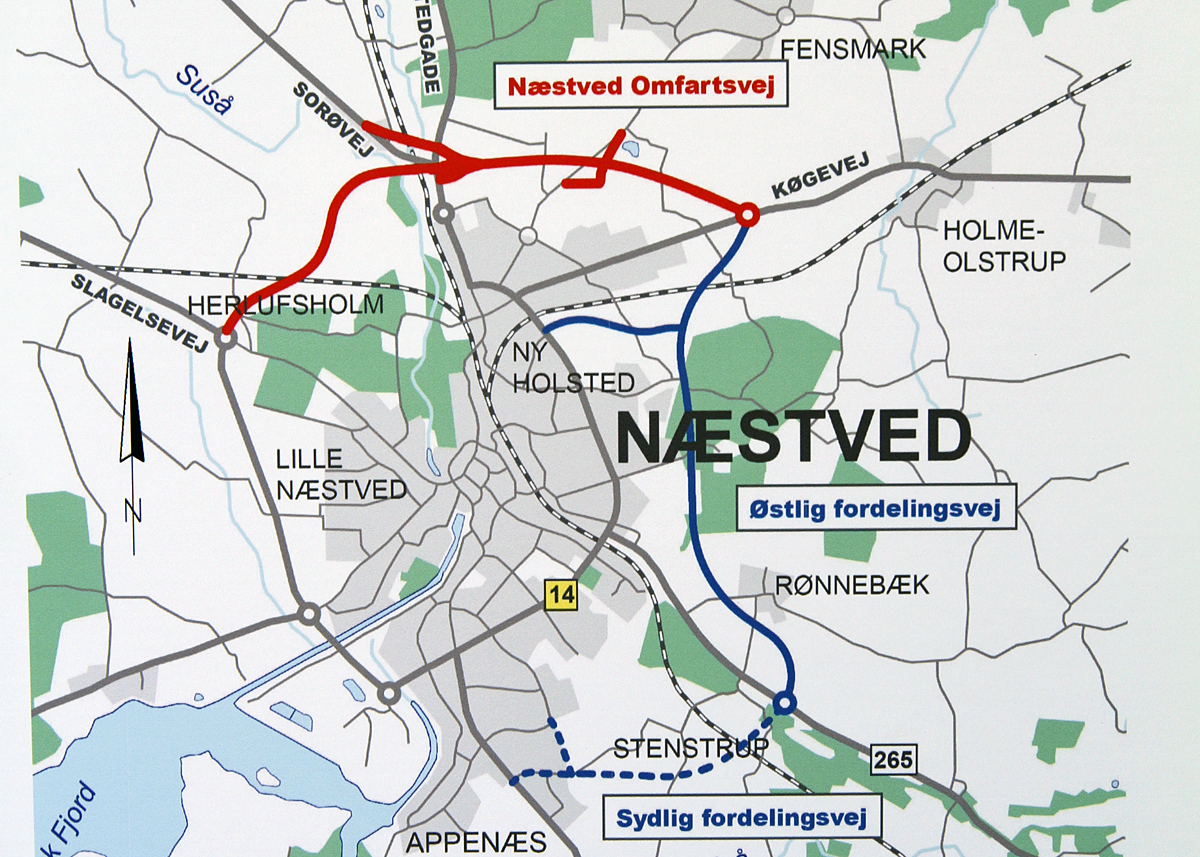Omfartsvejen nord om Næstved (rød) bliver syv km lang. Sidste år indviede Næstved Kommune en østlig omfartsvej.