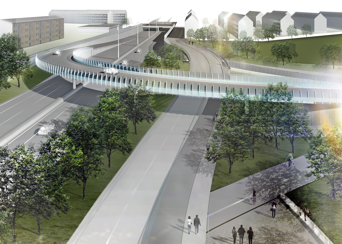 Denne "flyover" skal forbinde Helsingørmotorvejen med Nordhavnsvej. Byggeriet af rampen kommer til at genere trafikken på Helsingørmotorvejen fra ca. 1. juli. Visualisering: Schønherr