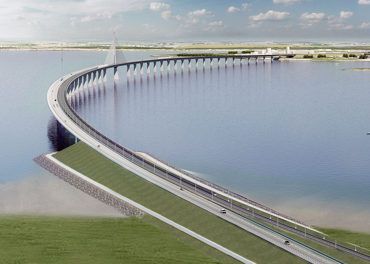 Den nye Storstrømsbro bliver fire km lang og får to jernbanespor, to vognbaner og cykelsti/fortov. Illustration: Dissing+Weitling