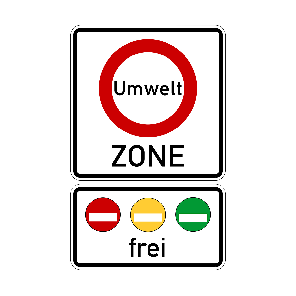 Miljøzone skilt med undertavle, der fortæller at her starter miljøzonen med fri adgang for biler med rød, gul og grønt miljømærke