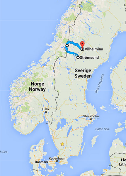 Vildmarksvägen ligger i Midtsverige, på grænsen mellem Jämtland og Lapland. Kort: Google