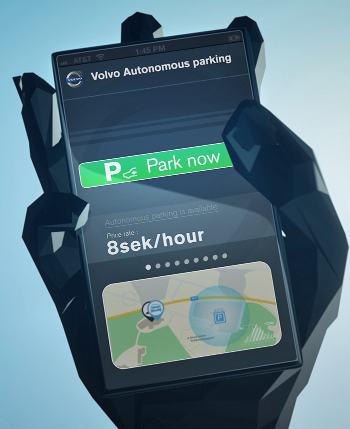 Betjeningen af autoparkeringen sker via en smartphone - på samme måde som man allerede i dag kan låse eller låse en Volvo op, tjekke brændstofbeholdningen eller starte kabinevarmeren.