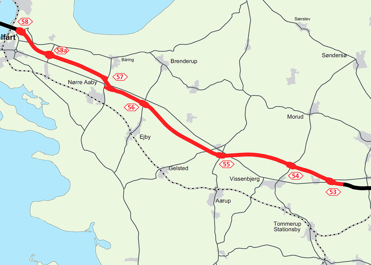 Udvidelsen af de 34 km markeret med rødt blev vedtaget i 2010.