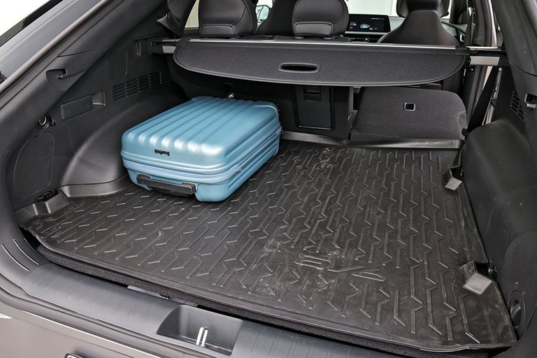 Bagagerum med blå kuffert i en Kia EV6