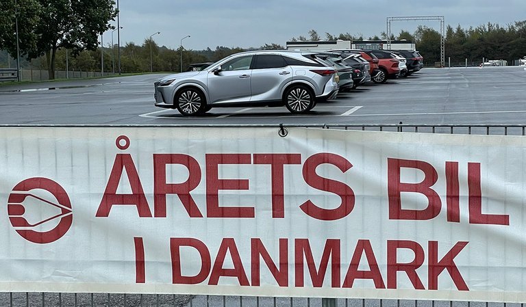 Skilt med Årets Bil i Danmark med biler i baggrunden.