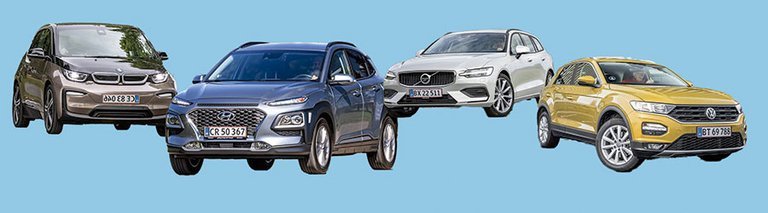 Kollage med fire biler: BMW i3, Hyundai Kona, Volvo V60 og VW T-Roc. 