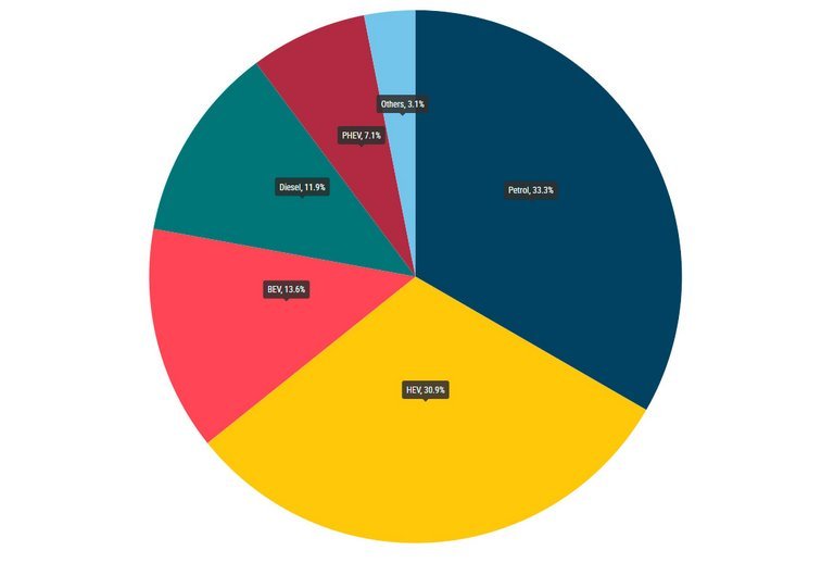 Lagkagediagram over drivmiddelsalget i EU 2024.