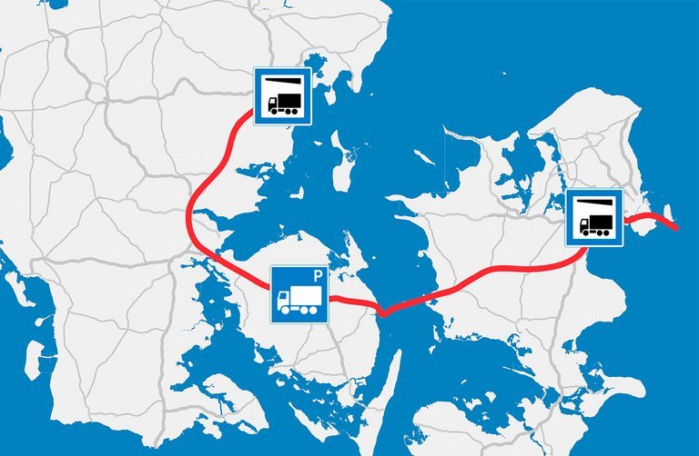 Kort med strækningen Aarhus-Høje Taastrup indtegnet.