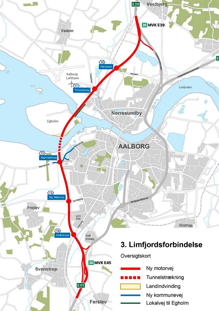 Kort med linjeføring af den nye motorvej vest om Aalborg