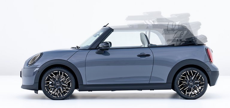 Mini Cooper Cabrio i profil med illustreret åbning af kalechen.