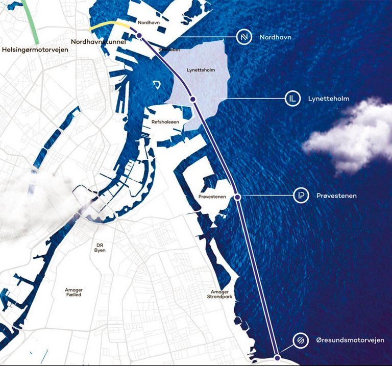 Den kommende Nordhavnstunnel (gul) skal efter planen forlænges hele vejen langs Amagers kyst til lufthavnen.
