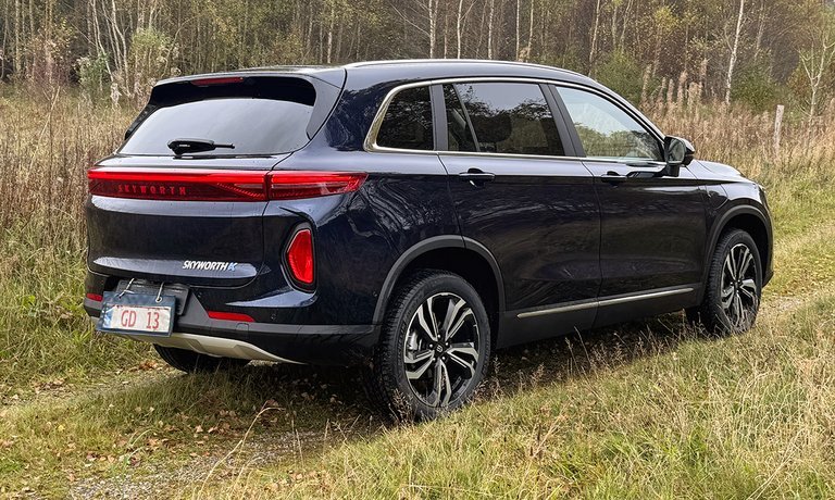 Mørk Skyworth K bagfra på græs.