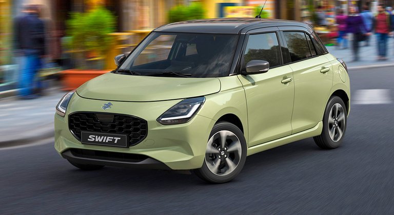 Suzuki Swift i gul skråt forfra.