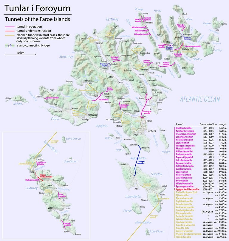Kort der viser Færøernes mange tunneller.