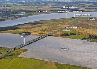 Egholm-lineføringen består bl.a. af en lavbro over det nordlige løb og en tunnel under det sydlige løb.