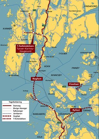 T-forbindelsen i nord blegner i sammenligning med Rogfast-forbindelsen mod syd. Den 25 km lange undersøiske vejtunnel bliver verdens længste vejtunnel. Desuden får end en fire km lang sidetunnel til en lille ø.