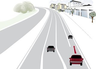 På lang sigt kan vejnettet udnyttes bedre, fordi selvkørende biler kan køre med kort afstand og meget præcist i banen, så der kan anlægges smalle vognbaner på to meter, ca. det samme som et nødspor. Illustration: Trafikverket