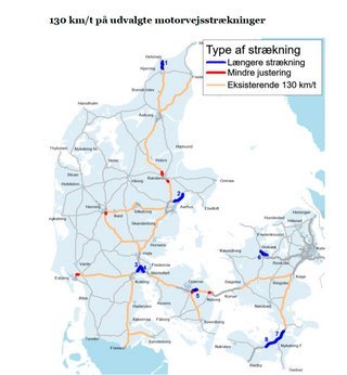 På disse syv strækninger hæves fartgrænsen fra 110 til 130 km/t. Først kom Holbækmotorvejen og Hirtshalsmotorvejen (nordgående) samt nu Sydmotorvejen. Djurslandmotorvejen, Trekantområde Skærup-Kolding og Fredericia-Vejle og Fynske Motorvej Odense-Nyborg bliver de næste. Kortet er fra før, Holstebromotorvejen og Messemotorvejen blev indviet. Kort: Vejdirektoratet