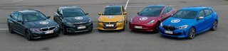 De fem finalister (fra venstre): BMW 3-serie, Kia Xceed, Peugeot 208, Tesla Model 3 og BMW 1-serie.