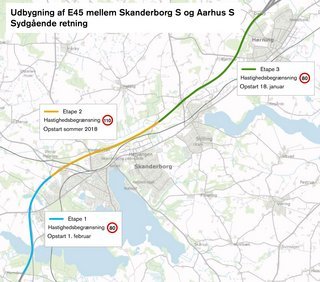 Kort over strækningen med vejarbejde.