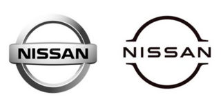 Nissans gamle og nye logo. Det er slut med den meget tredimensionelle stil, som var moderne for 10-20 år siden.