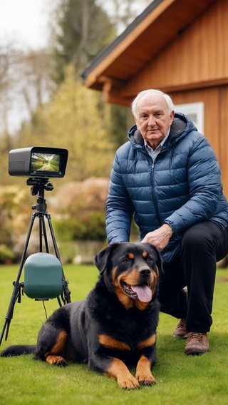 Mand med en hund og et overvågningskamera.
