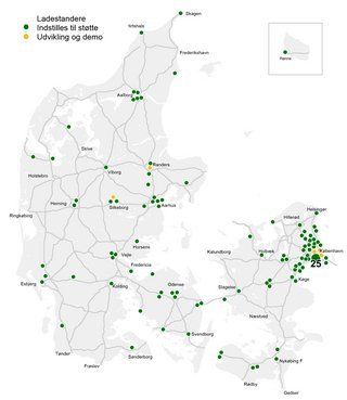 Her kommer de nye hurtigladere. De er spredt pænt ud over danmarkskortet.