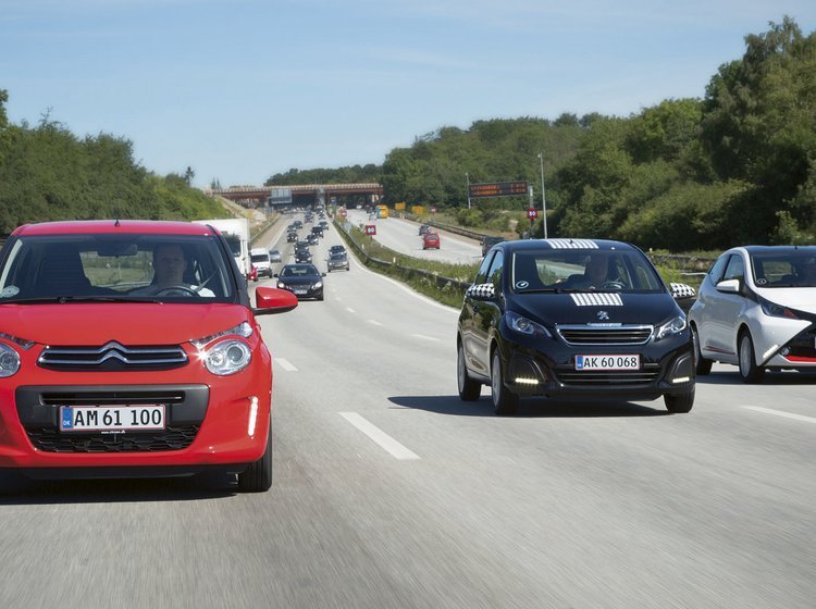 Citroën C1, Peugeot 108 og Toyota Aygo set forfra