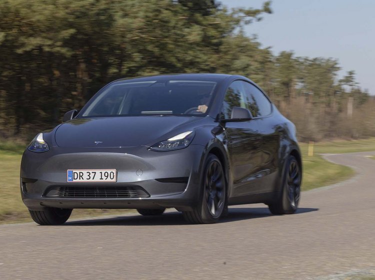 Tesla Model Y kører i sving på landevej med skov i baggrunden