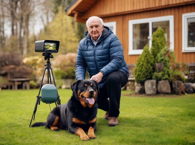Mand sidder på græsplæne foran sit hus med en hund og et overvågningskamera.
