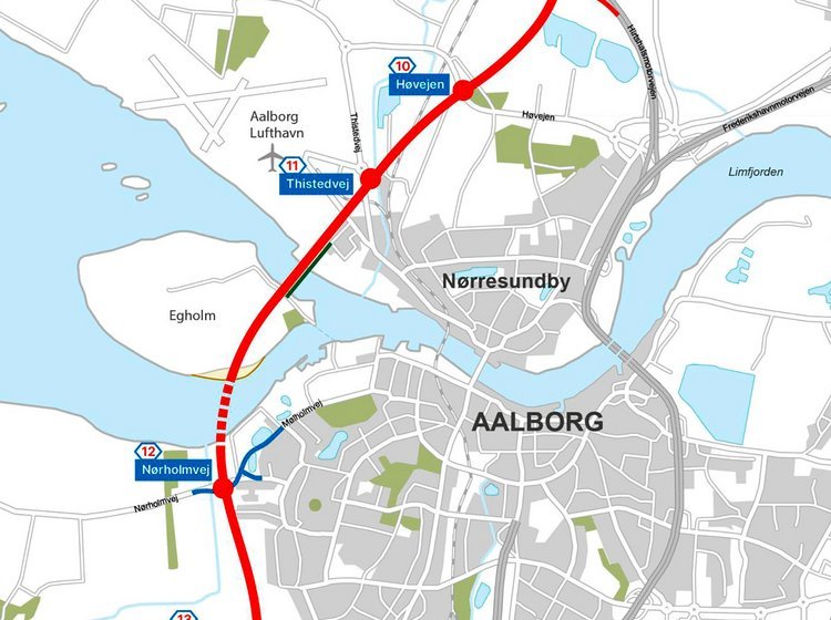 Kort med linjeføring af ny motorvej vest om Aalborg.