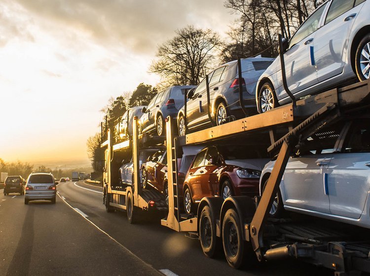 Autotransporter kører på motorvej med et helt læs biler. 