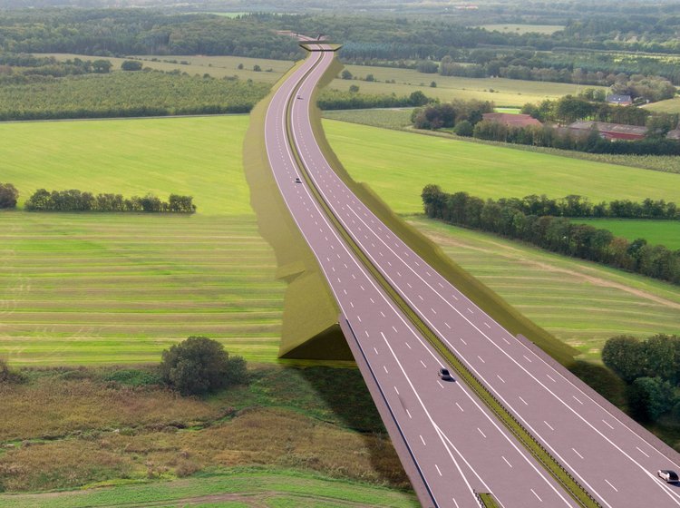 Computerbillede af kommende motorvej gennem landskab.