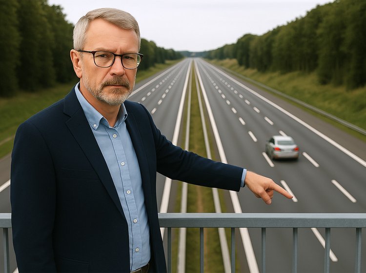 Trafikforsker står på en motorvejsbro og peger på midtersporet. 