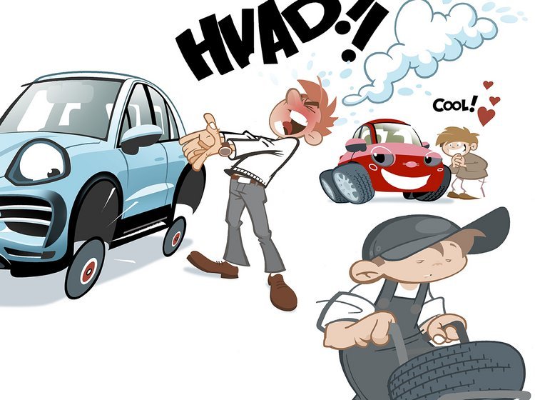Illustration af vred mand ved bil med for små hjul