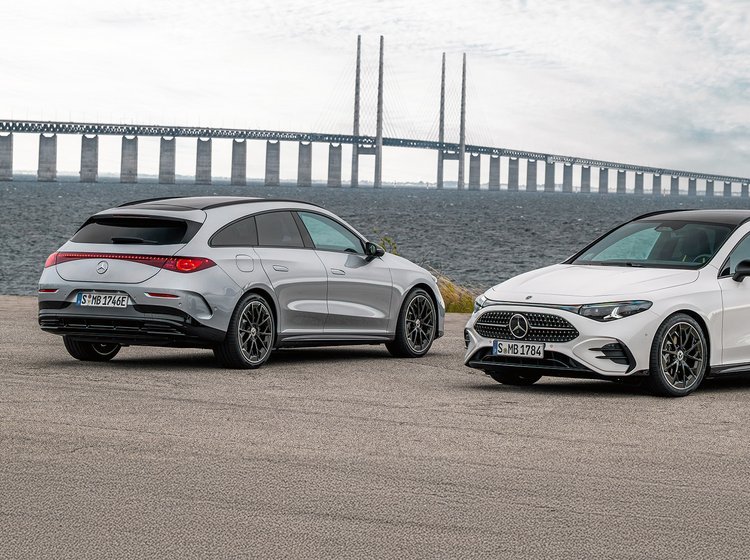 Mercedes CLA Shooting Brake forfra og bagfra Med Øresundsbroen i baggrunden.
