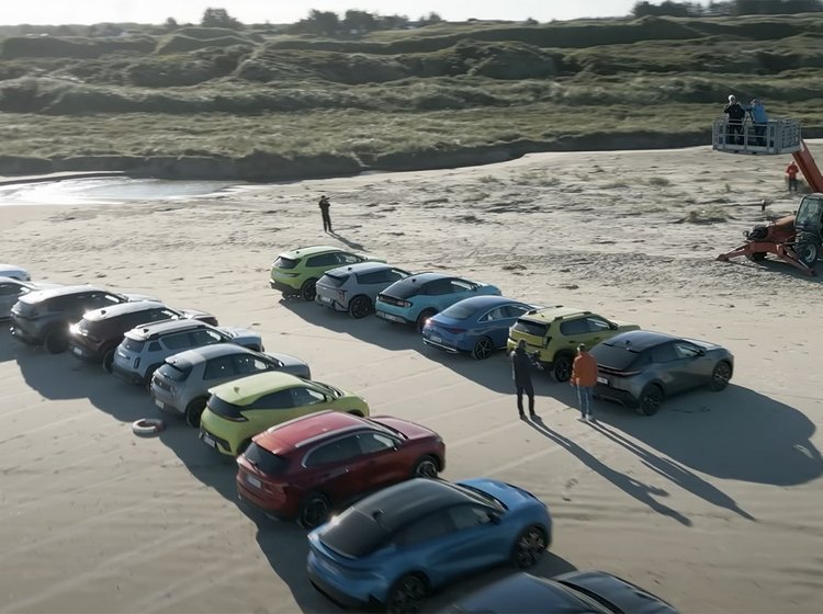 Mange biler står på stranden og der holder en kran med to personer i højre side. 