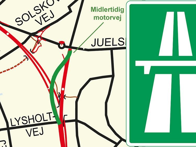 Den grønne strækning er den 800 meter lange midlertidige motorvej. Den røde vej skråt mod venstre er den nye Midtjyske Motorvej.