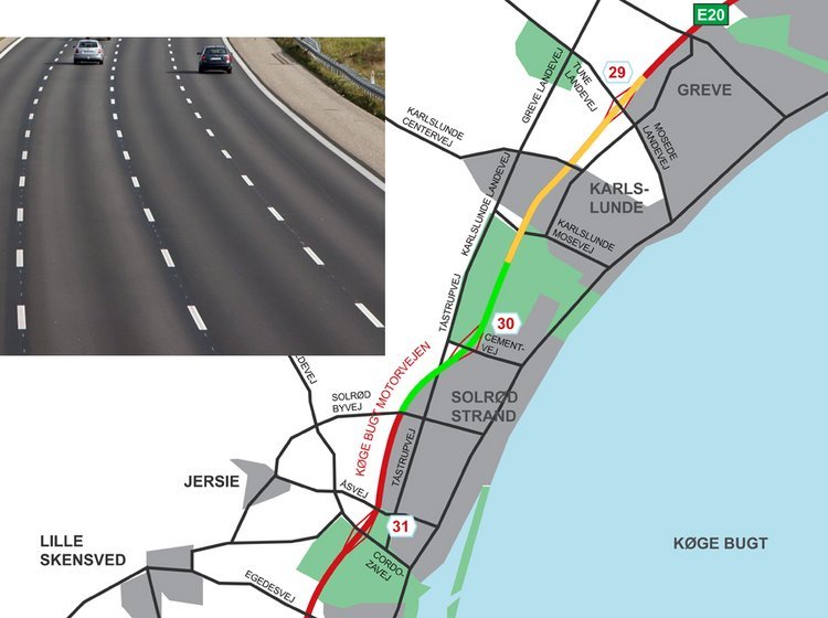 På den grønne strækning bliver Køge Bugt Motorvejen nu ottesporet. Den gule del blev det. Illu.: Vejdirektoratet/Torben Arent